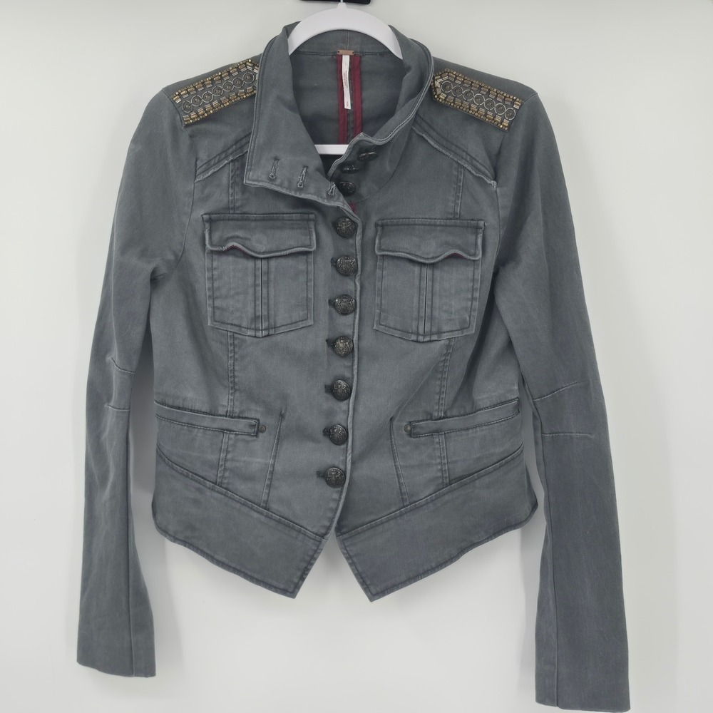 Free People Military Jacket Gray Beaded Epaulette Crest Button Tulip Back Small